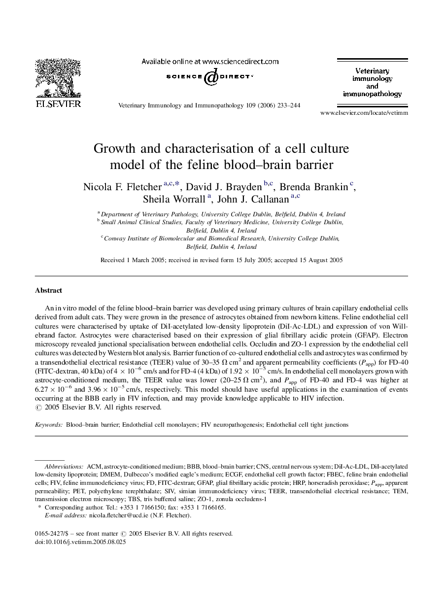 Growth and characterisation of a cell culture model of the feline blood–brain barrier