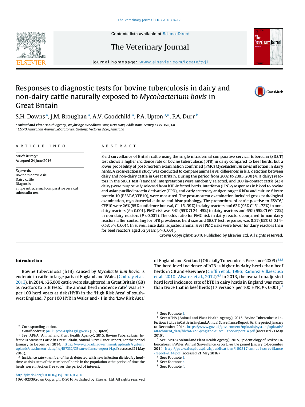 Responses to diagnostic tests for bovine tuberculosis in dairy and non-dairy cattle naturally exposed to Mycobacterium bovis in Great Britain