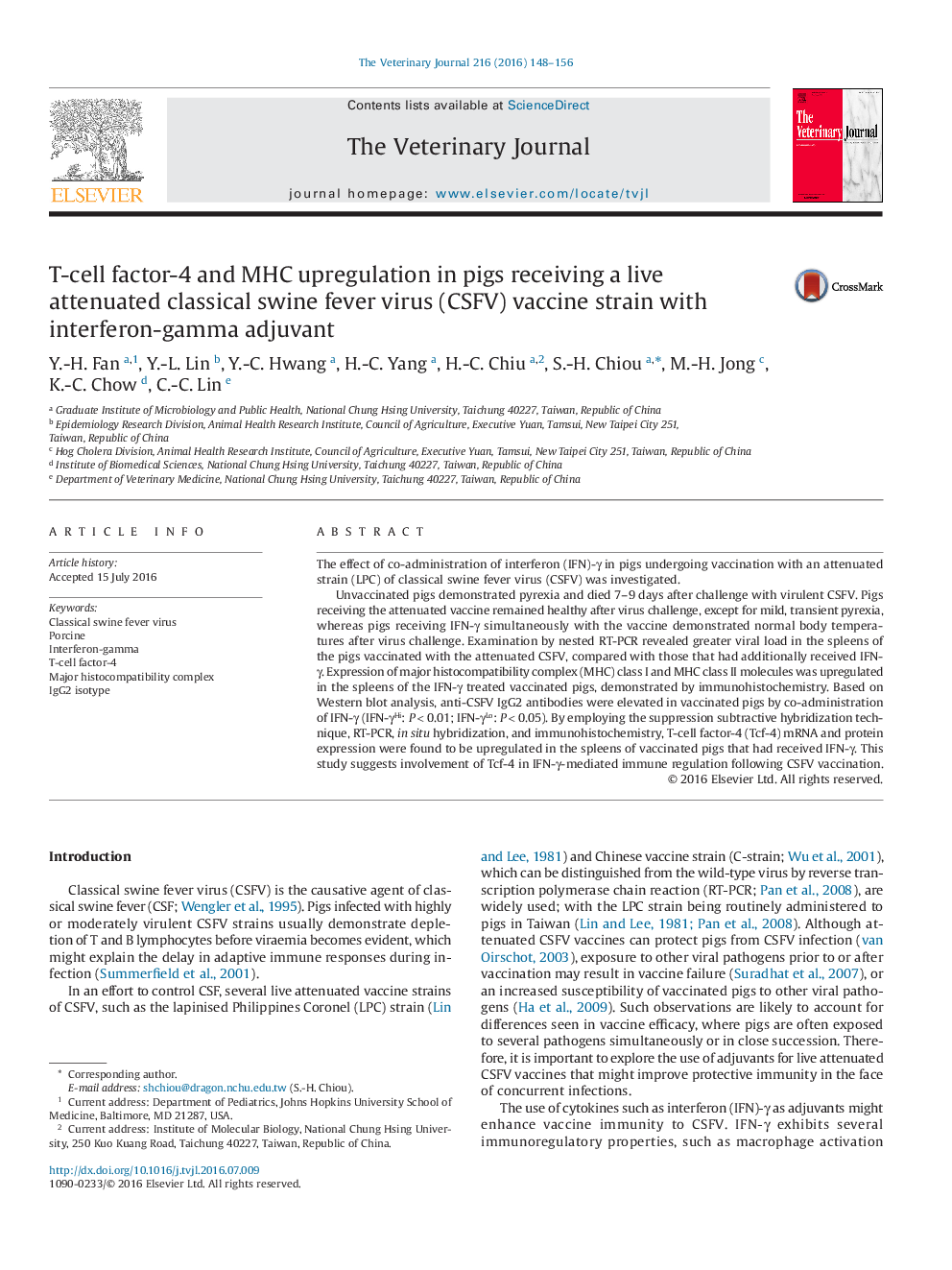 T-cell factor-4 and MHC upregulation in pigs receiving a live attenuated classical swine fever virus (CSFV) vaccine strain with interferon-gamma adjuvant