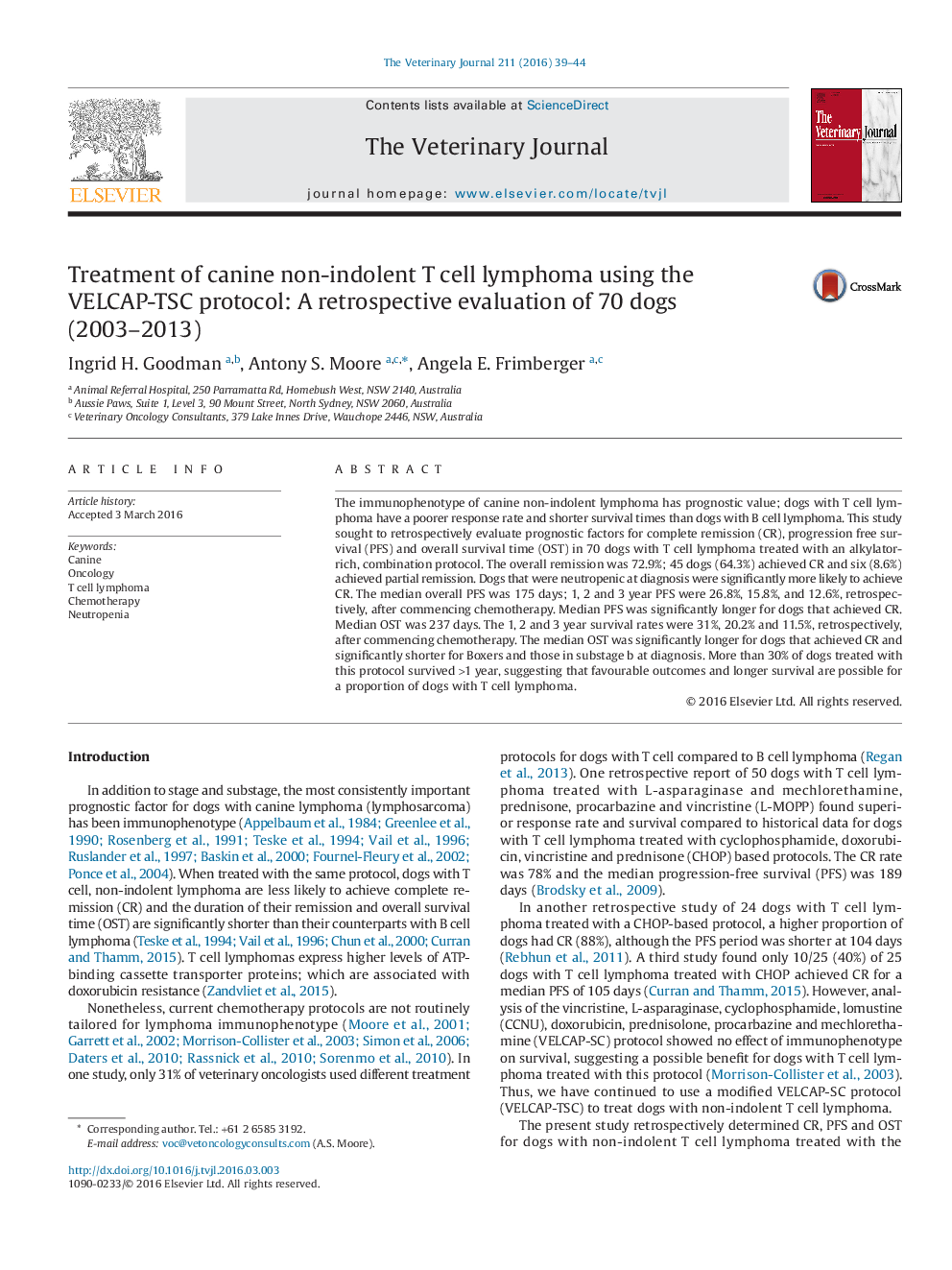 Treatment of canine non-indolent T cell lymphoma using the VELCAP-TSC protocol: A retrospective evaluation of 70 dogs (2003–2013)