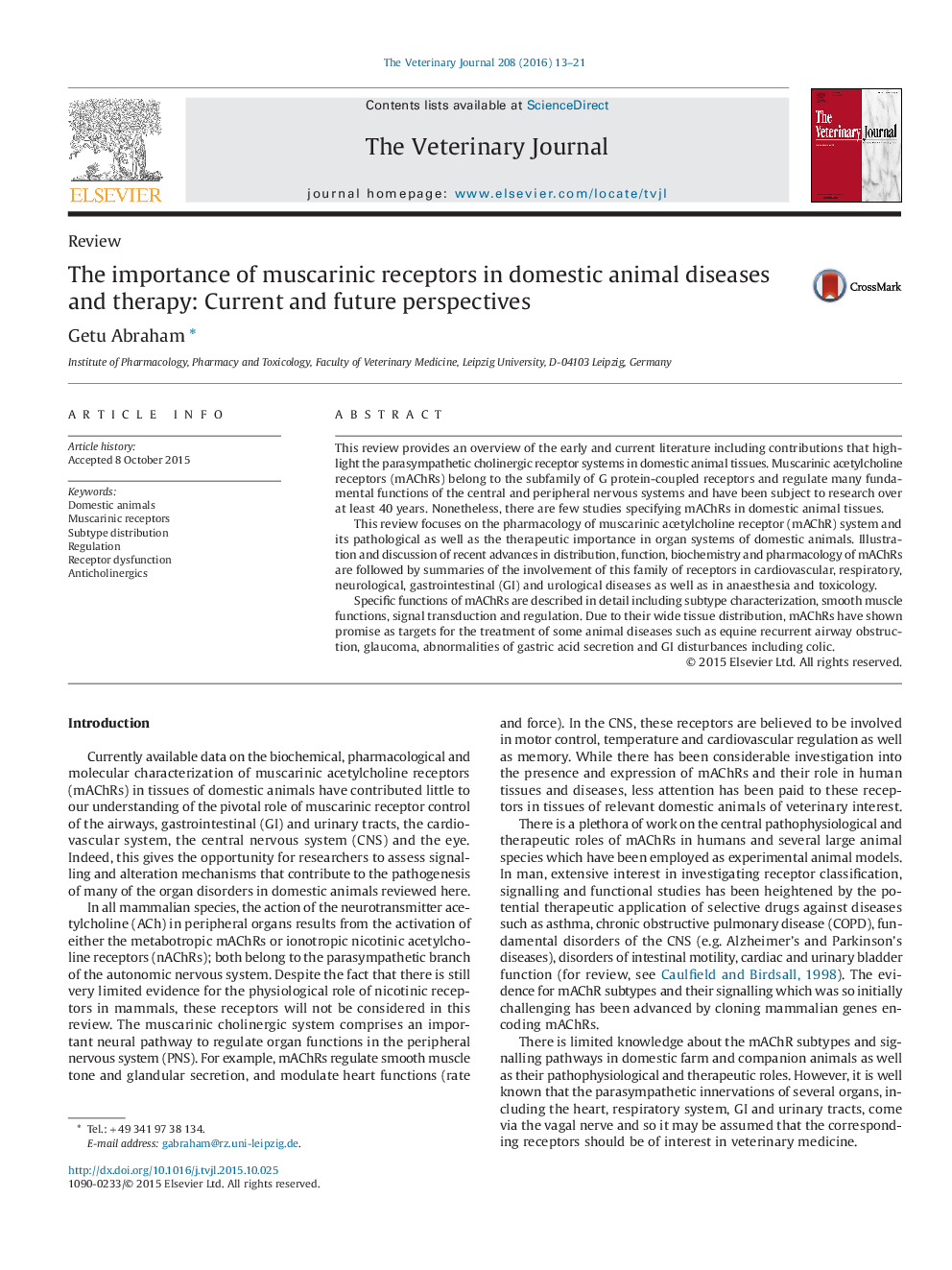 The importance of muscarinic receptors in domestic animal diseases and therapy: Current and future perspectives