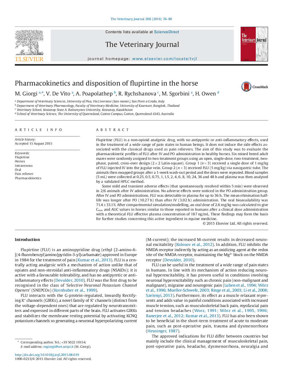 Pharmacokinetics and disposition of flupirtine in the horse