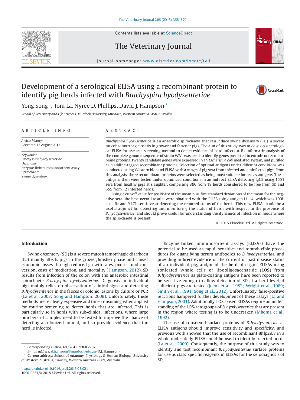 Development of a serological ELISA using a recombinant protein to identify pig herds infected with Brachyspira hyodysenteriae