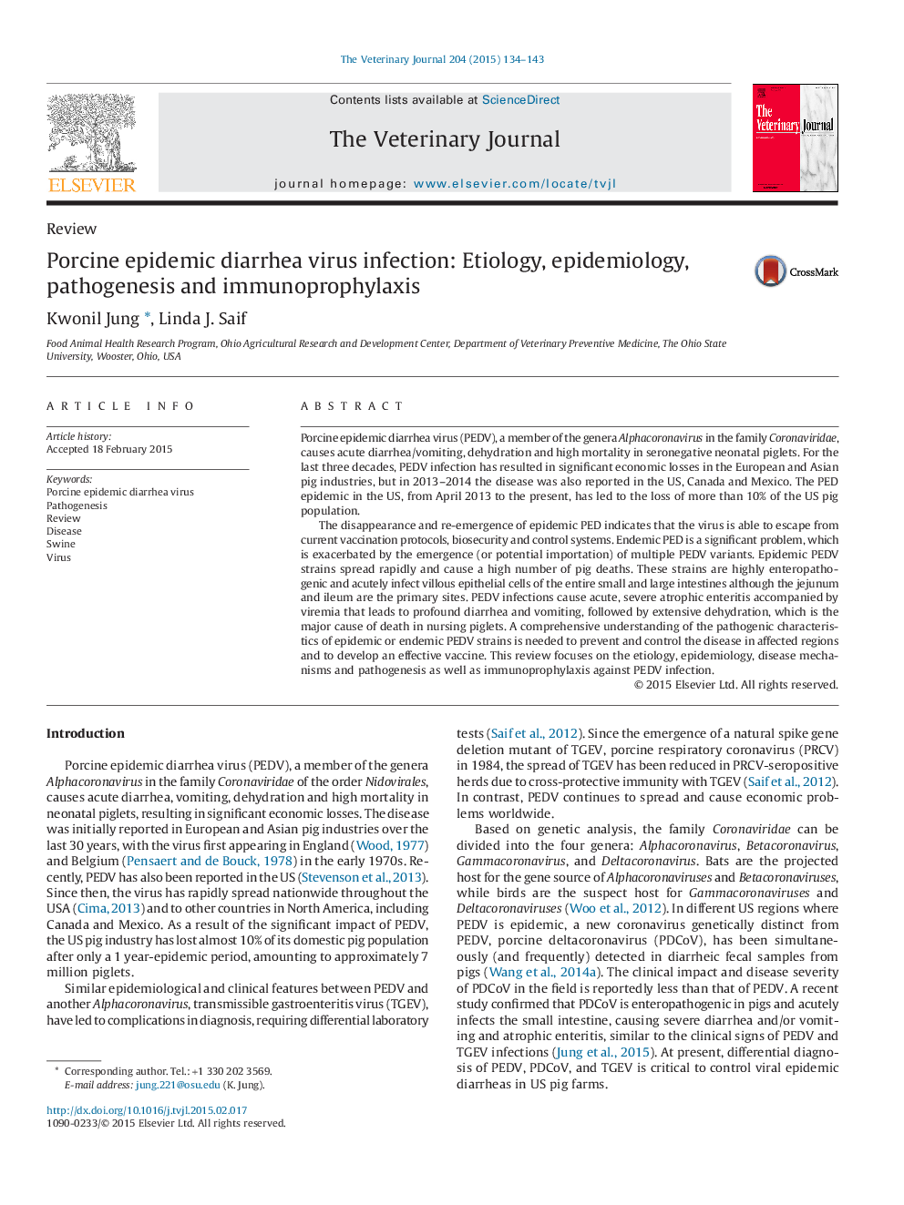 Porcine epidemic diarrhea virus infection: Etiology, epidemiology, pathogenesis and immunoprophylaxis