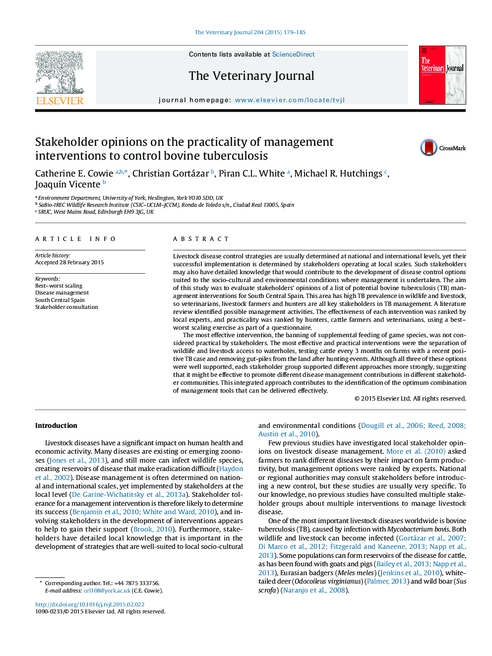 Stakeholder opinions on the practicality of management interventions to control bovine tuberculosis