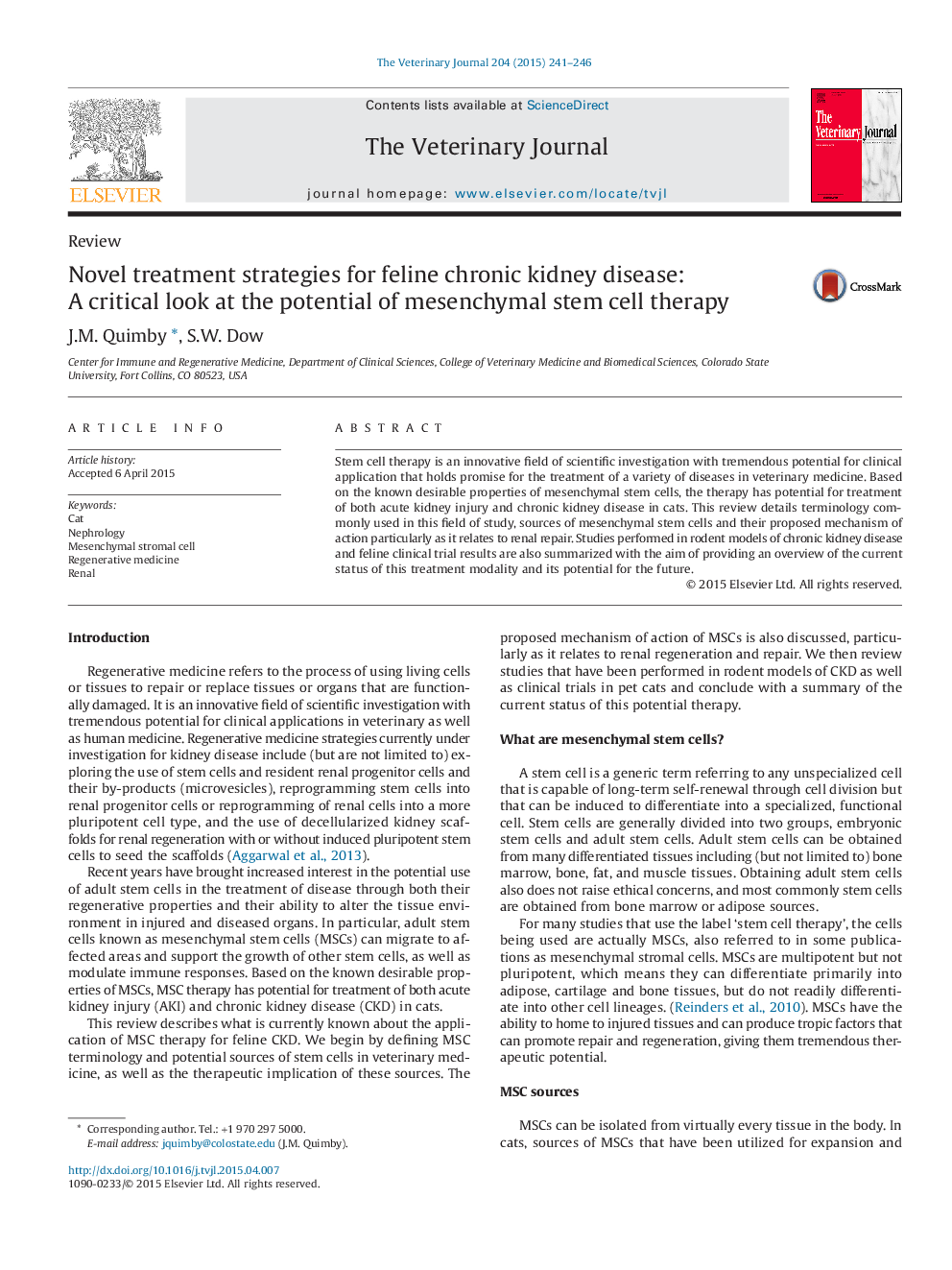 Novel treatment strategies for feline chronic kidney disease: A critical look at the potential of mesenchymal stem cell therapy