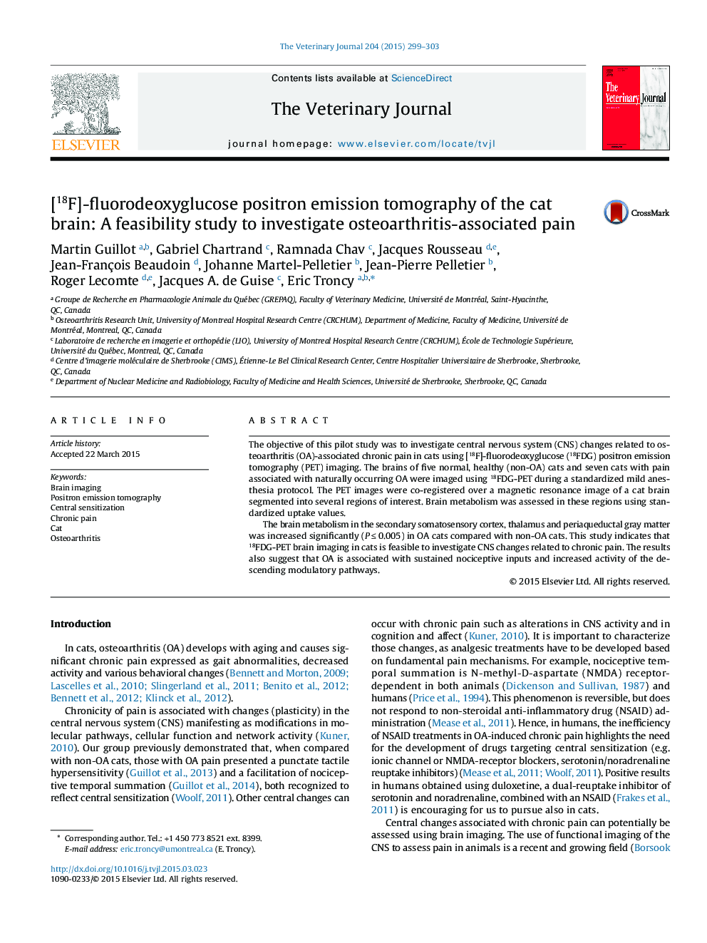 [18F]-fluorodeoxyglucose positron emission tomography of the cat brain: A feasibility study to investigate osteoarthritis-associated pain