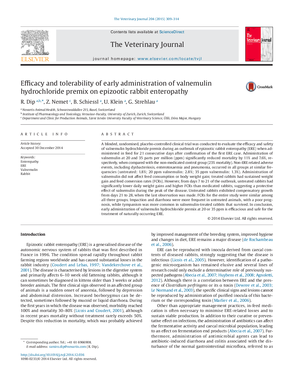 Efficacy and tolerability of early administration of valnemulin hydrochloride premix on epizootic rabbit enteropathy