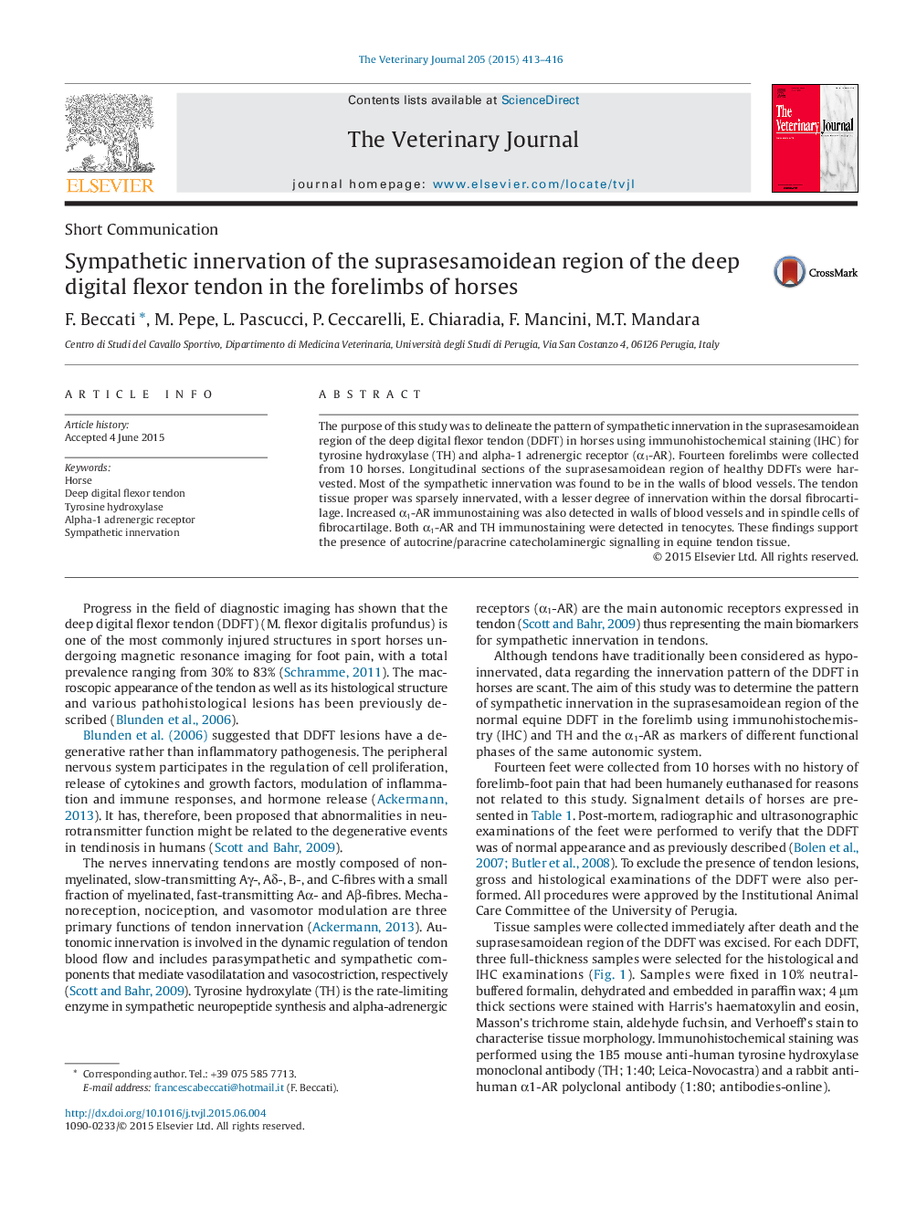 Sympathetic innervation of the suprasesamoidean region of the deep digital flexor tendon in the forelimbs of horses