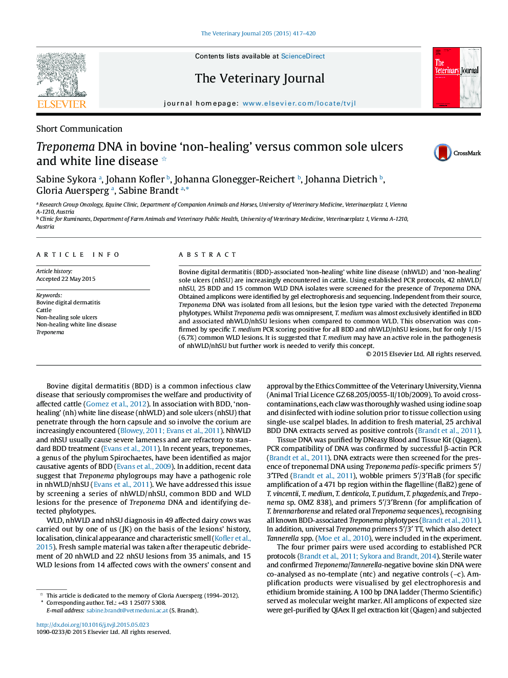 Treponema DNA in bovine ‘non-healing’ versus common sole ulcers and white line disease 