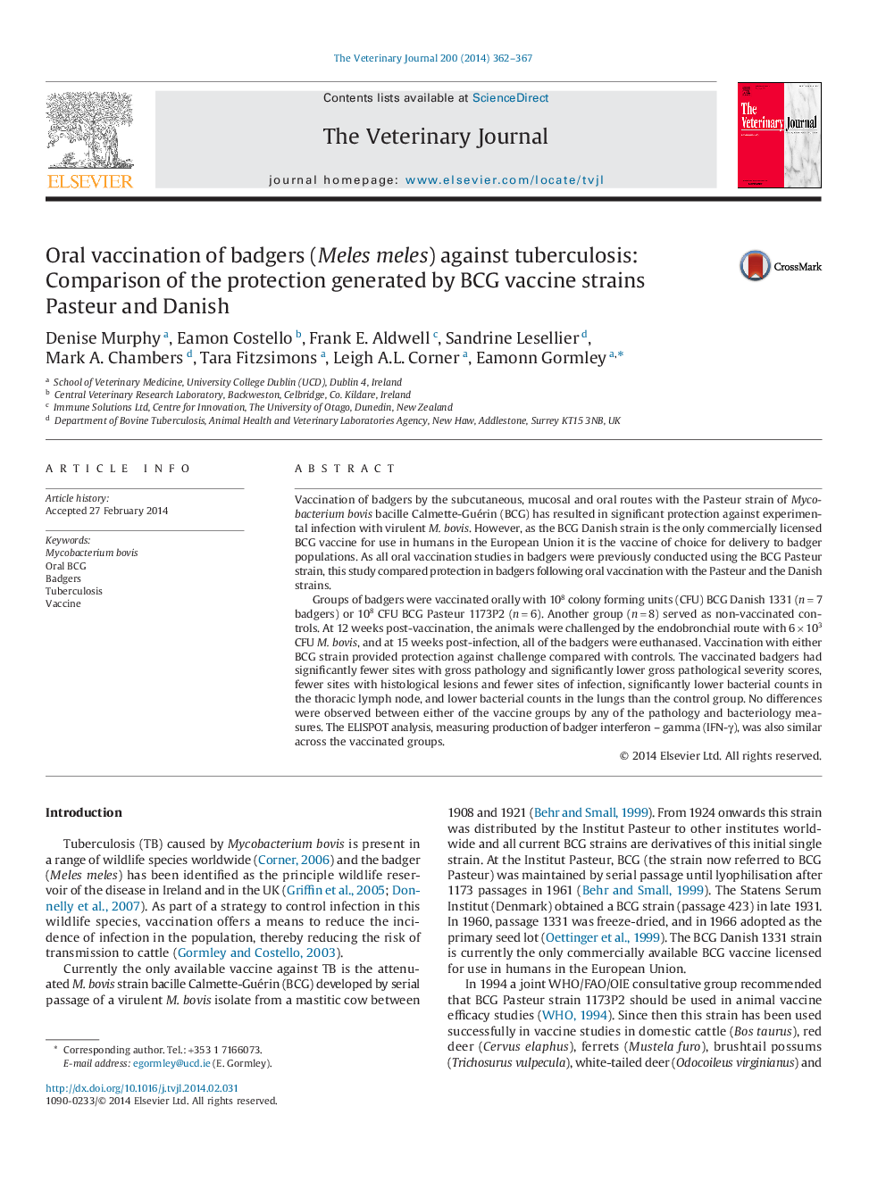 Oral vaccination of badgers (Meles meles) against tuberculosis: Comparison of the protection generated by BCG vaccine strains Pasteur and Danish