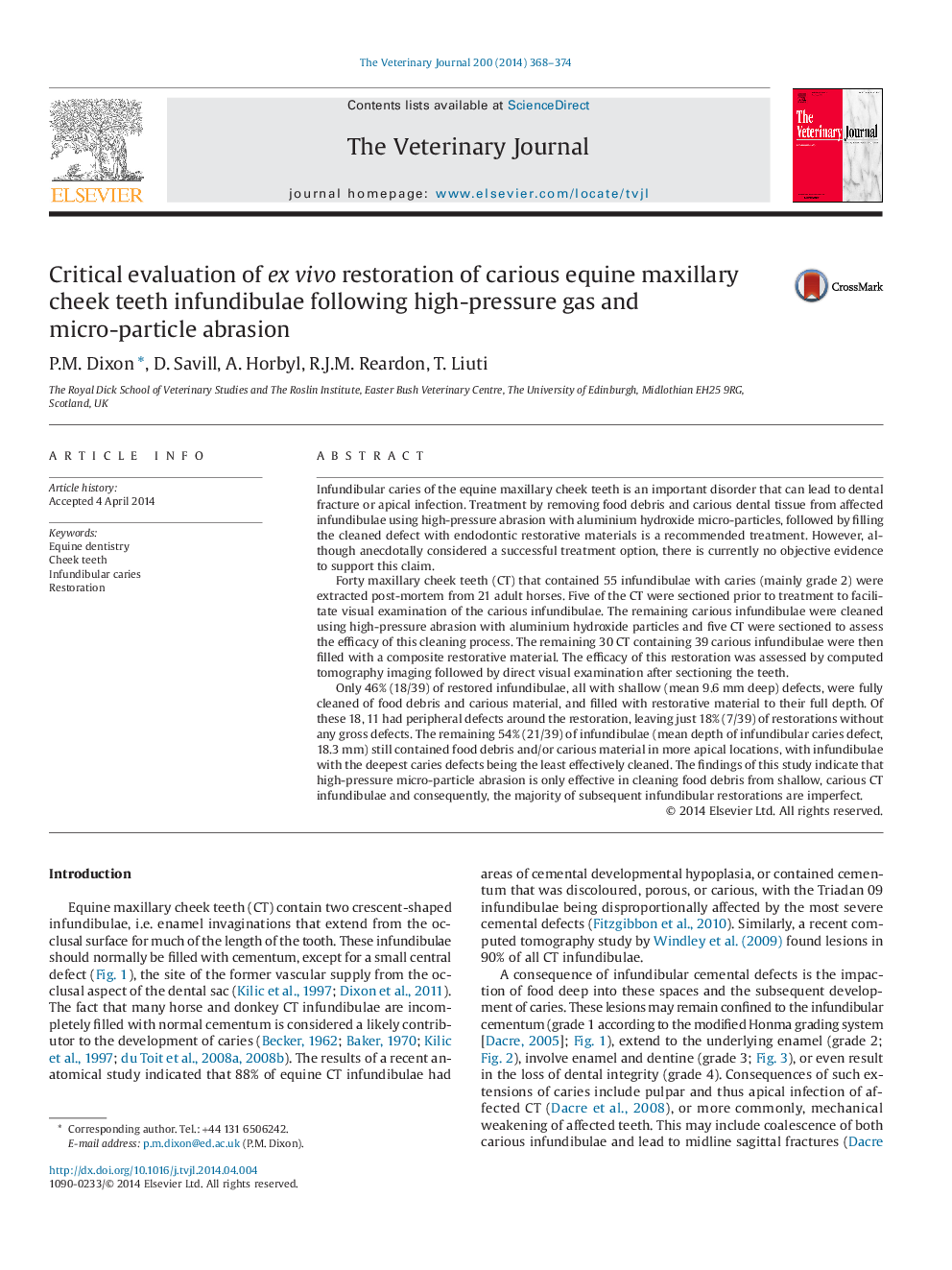 Critical evaluation of ex vivo restoration of carious equine maxillary cheek teeth infundibulae following high-pressure gas and micro-particle abrasion