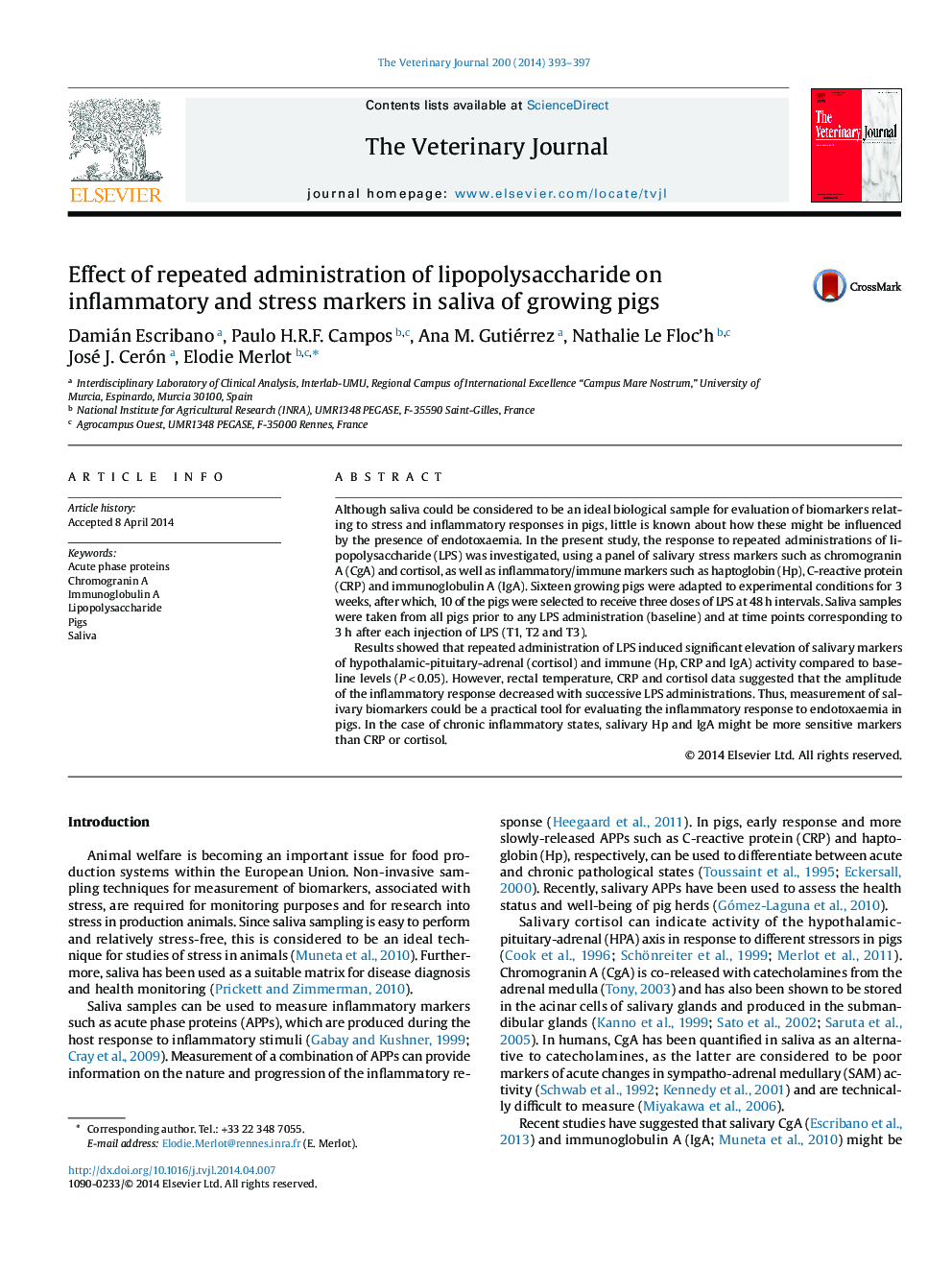 Effect of repeated administration of lipopolysaccharide on inflammatory and stress markers in saliva of growing pigs