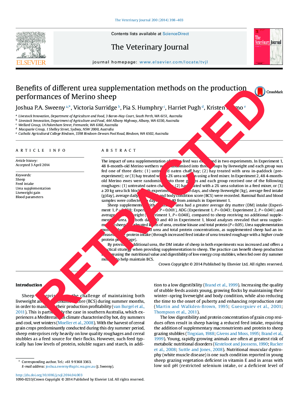 RETRACTED: Benefits of different urea supplementation methods on the production performances of Merino sheep