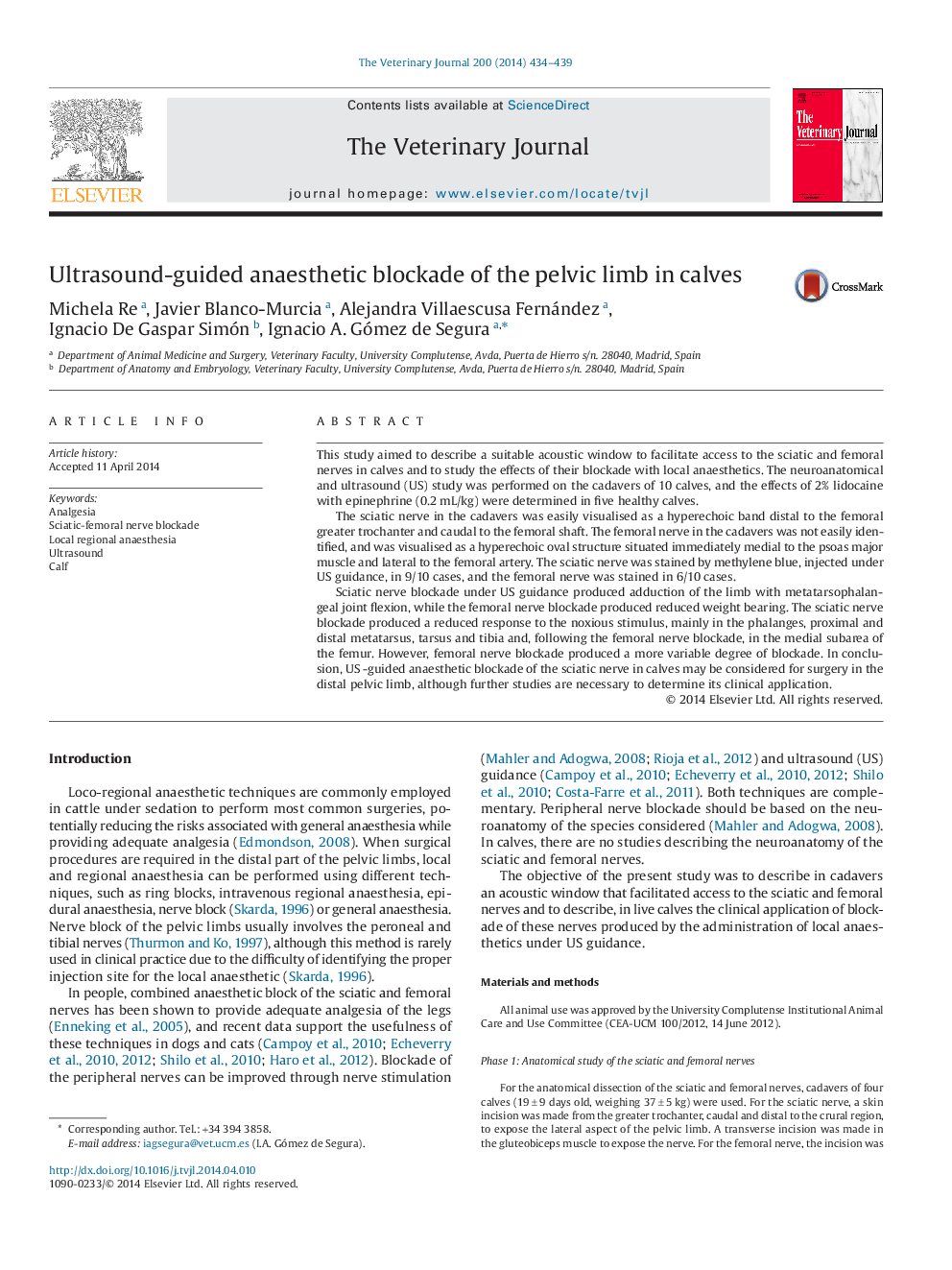 Ultrasound-guided anaesthetic blockade of the pelvic limb in calves