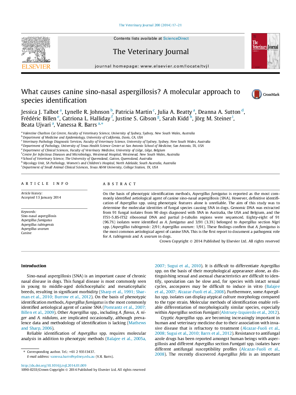 What causes canine sino-nasal aspergillosis? A molecular approach to species identification