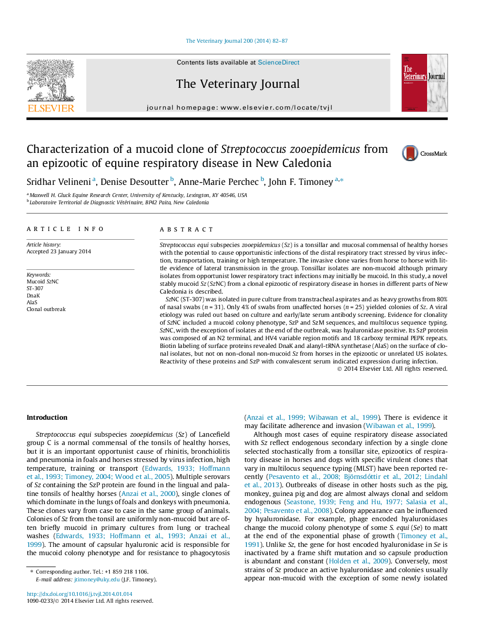 Characterization of a mucoid clone of Streptococcus zooepidemicus from an epizootic of equine respiratory disease in New Caledonia