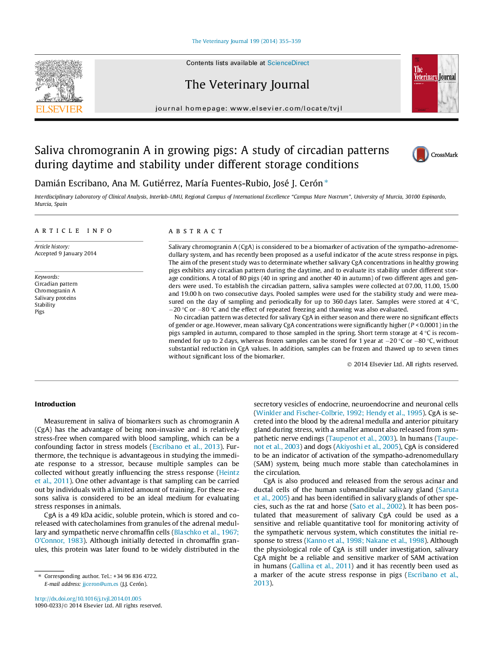 Saliva chromogranin A in growing pigs: A study of circadian patterns during daytime and stability under different storage conditions