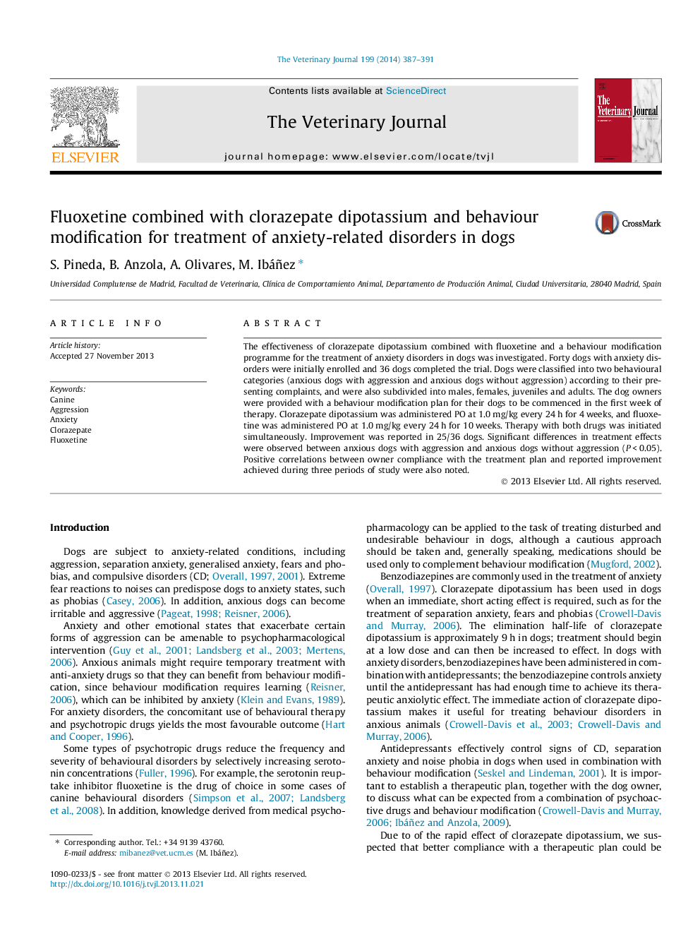 Fluoxetine combined with clorazepate dipotassium and behaviour modification for treatment of anxiety-related disorders in dogs