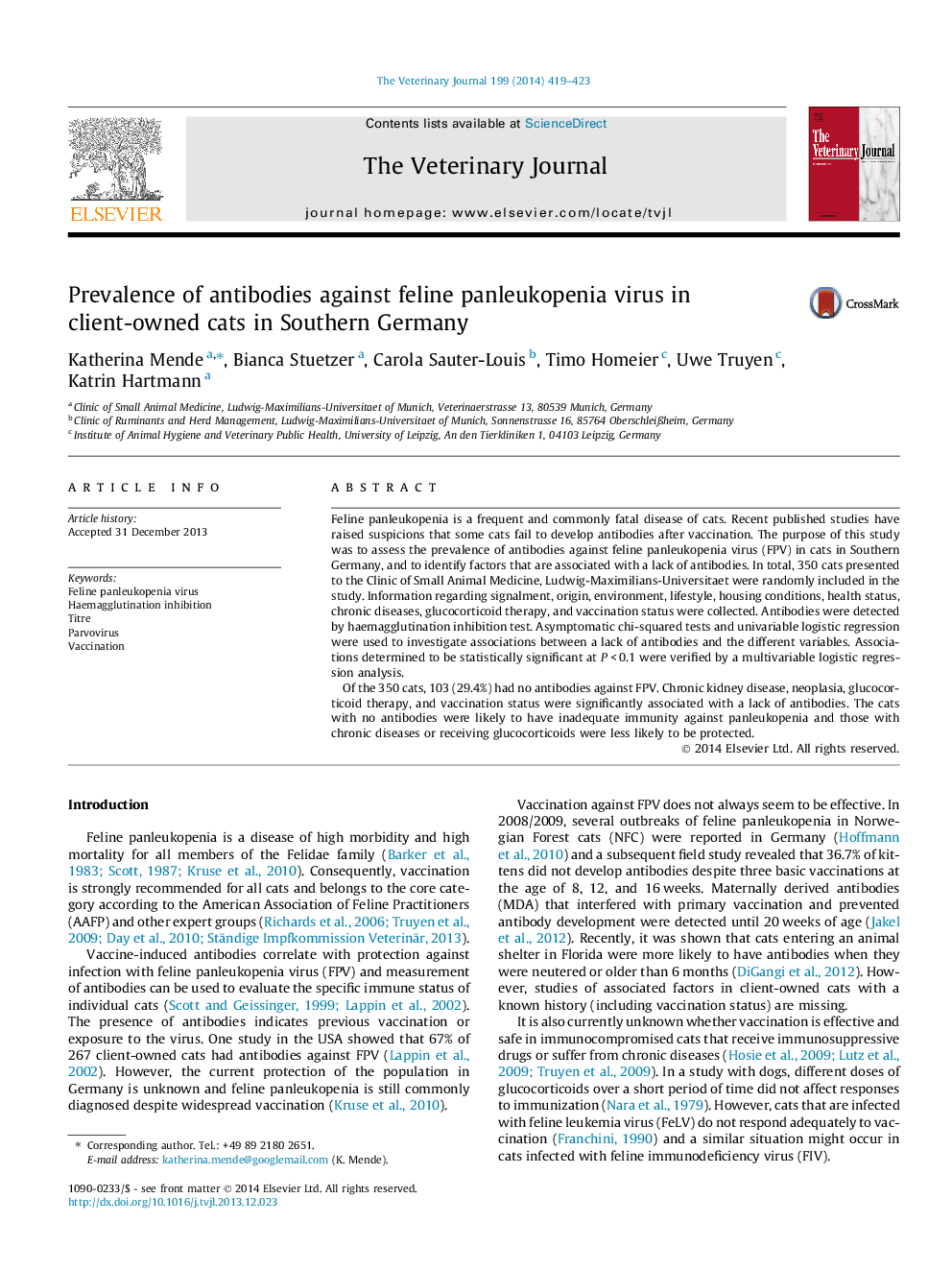 Prevalence of antibodies against feline panleukopenia virus in client-owned cats in Southern Germany