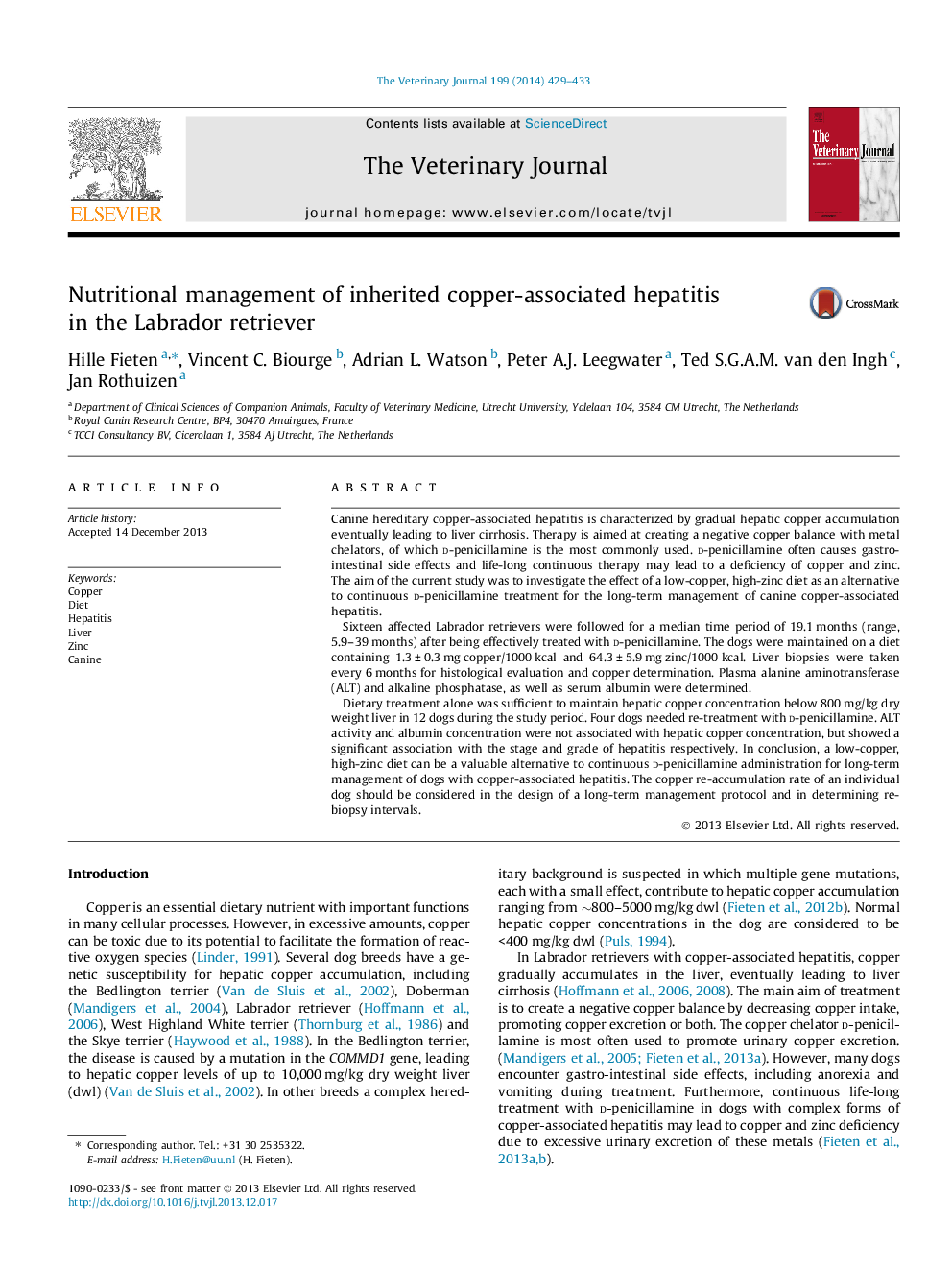 Nutritional management of inherited copper-associated hepatitis in the Labrador retriever