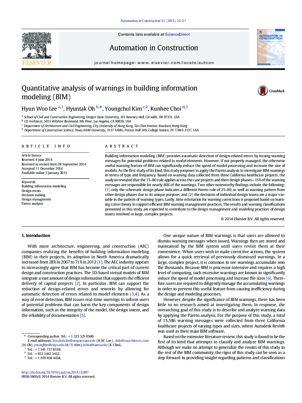 Quantitative analysis of warnings in building information modeling (BIM)