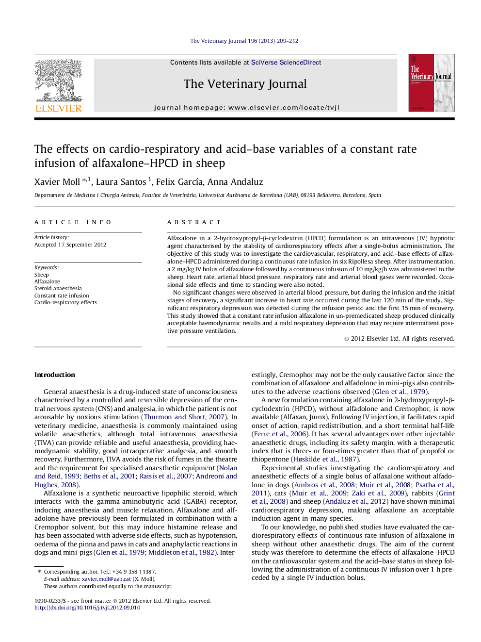 The effects on cardio-respiratory and acid–base variables of a constant rate infusion of alfaxalone–HPCD in sheep