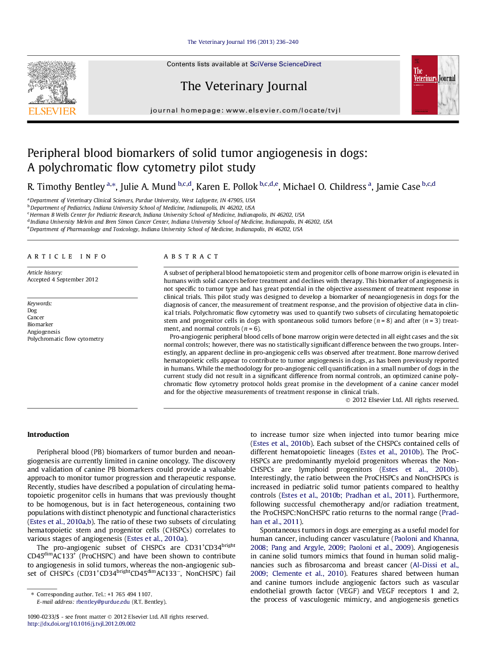 عکس صفحه اول مقاله: Peripheral blood biomarkers of solid tumor angiogenesis in dogs: A polychromatic flow cytometry pilot study Peripheral blood biomarkers of solid tumor angiogenesis in dogs: A polychromatic flow cytometry pilot study