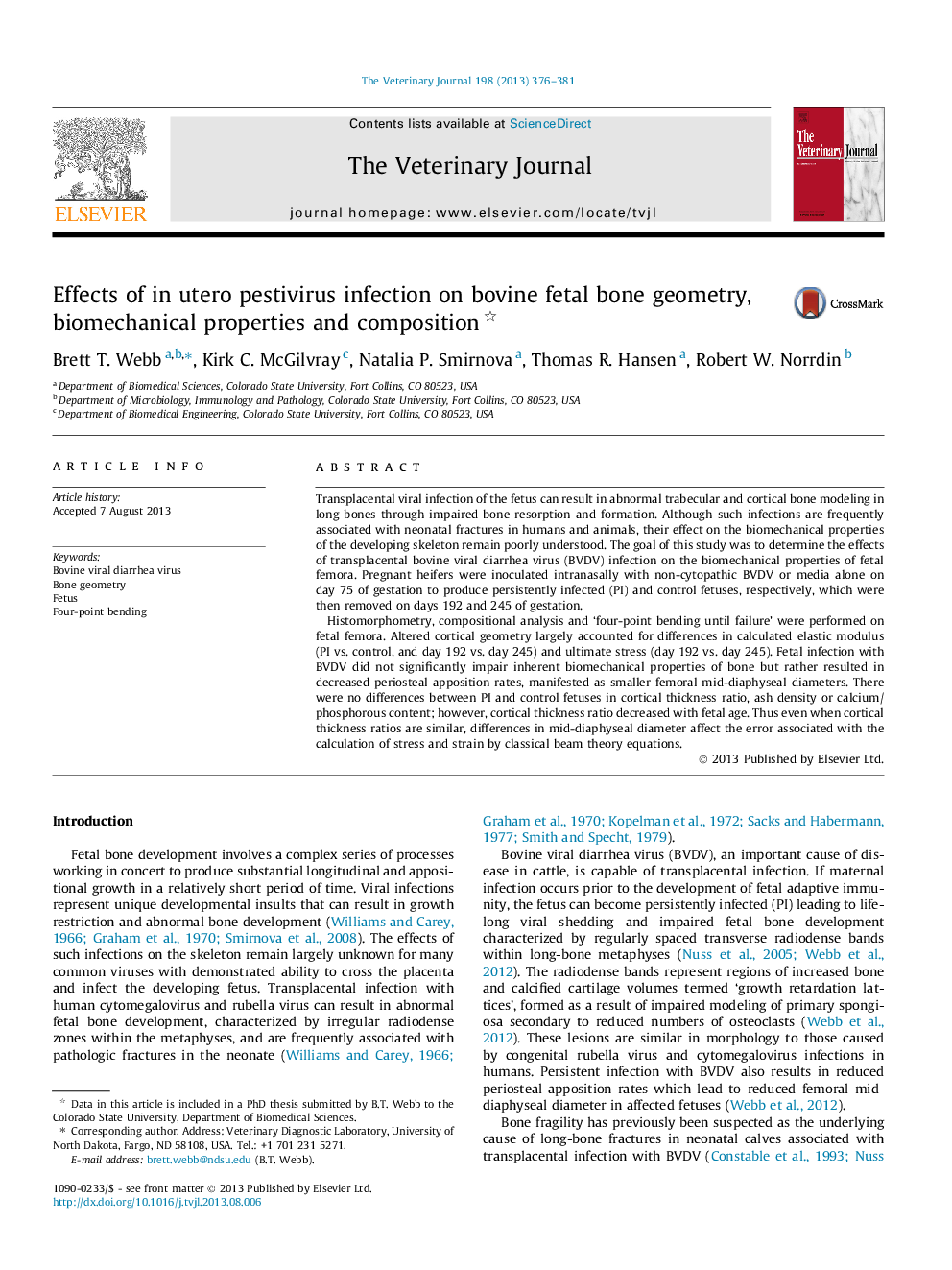 Effects of in utero pestivirus infection on bovine fetal bone geometry, biomechanical properties and composition 