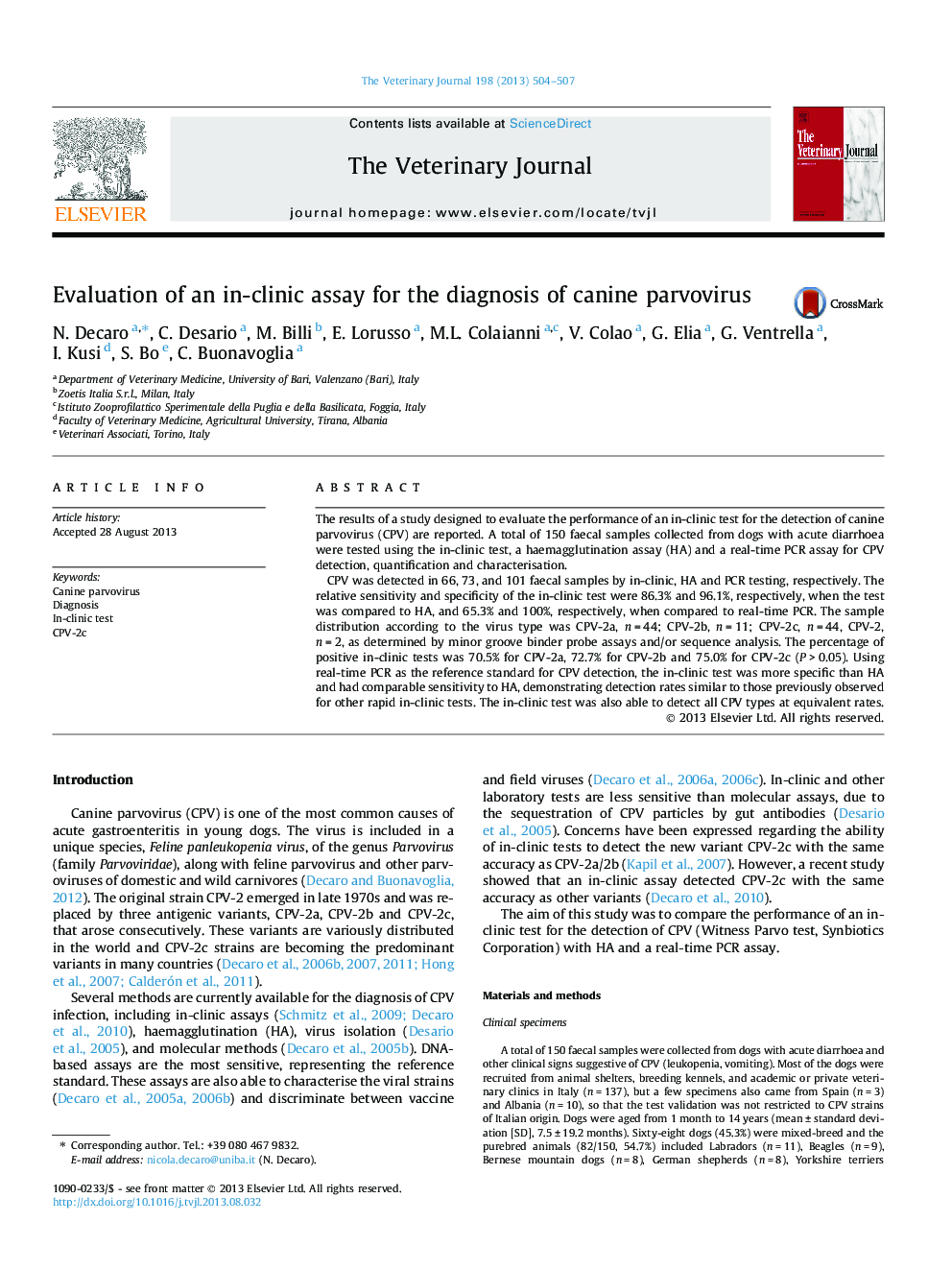 Evaluation of an in-clinic assay for the diagnosis of canine parvovirus