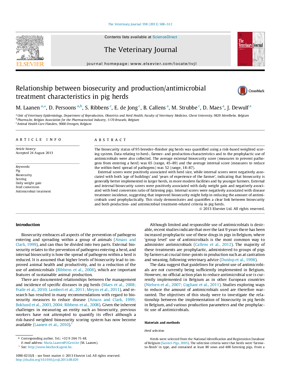 Relationship between biosecurity and production/antimicrobial treatment characteristics in pig herds