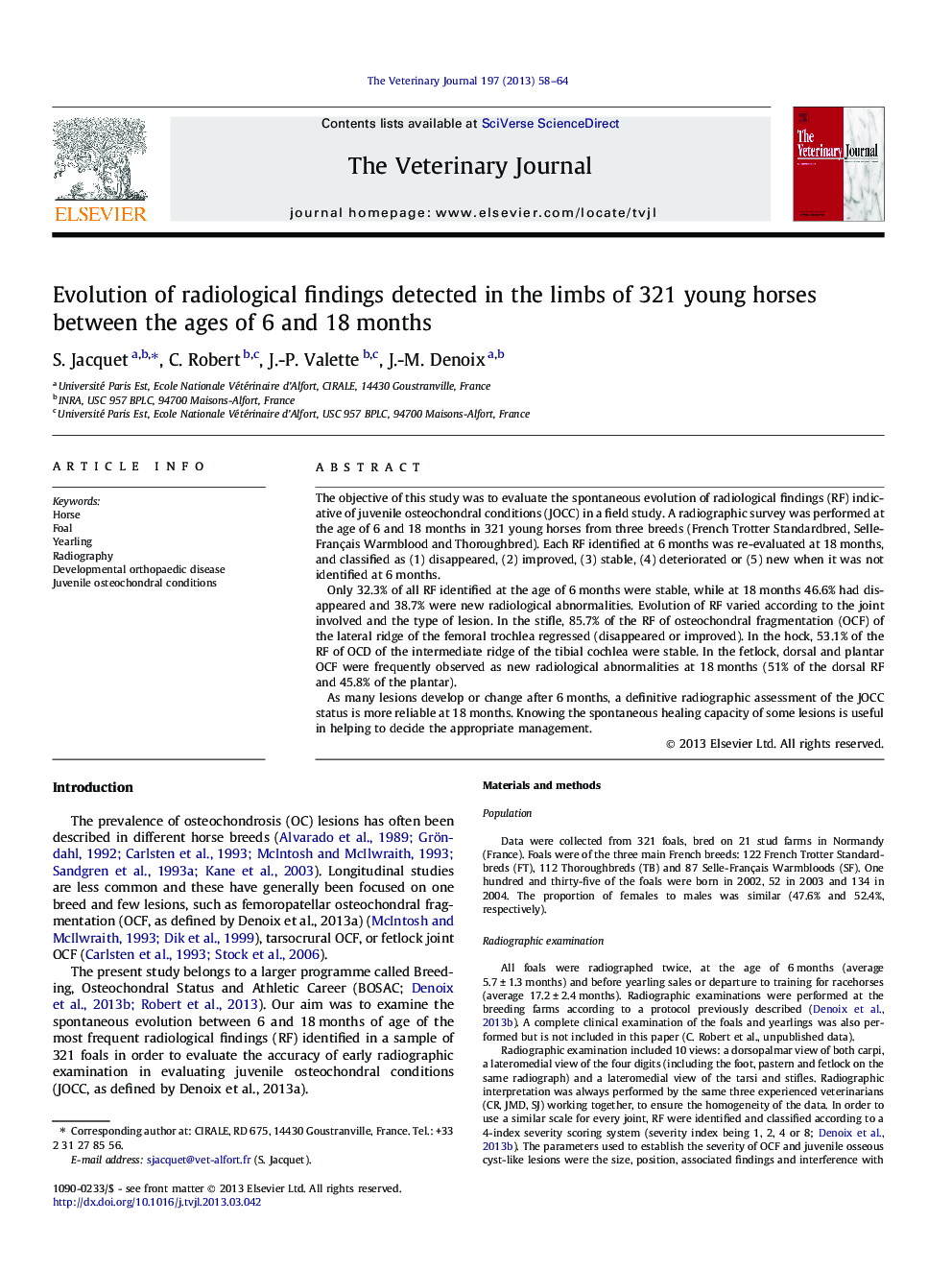 Evolution of radiological findings detected in the limbs of 321 young horses between the ages of 6 and 18 months