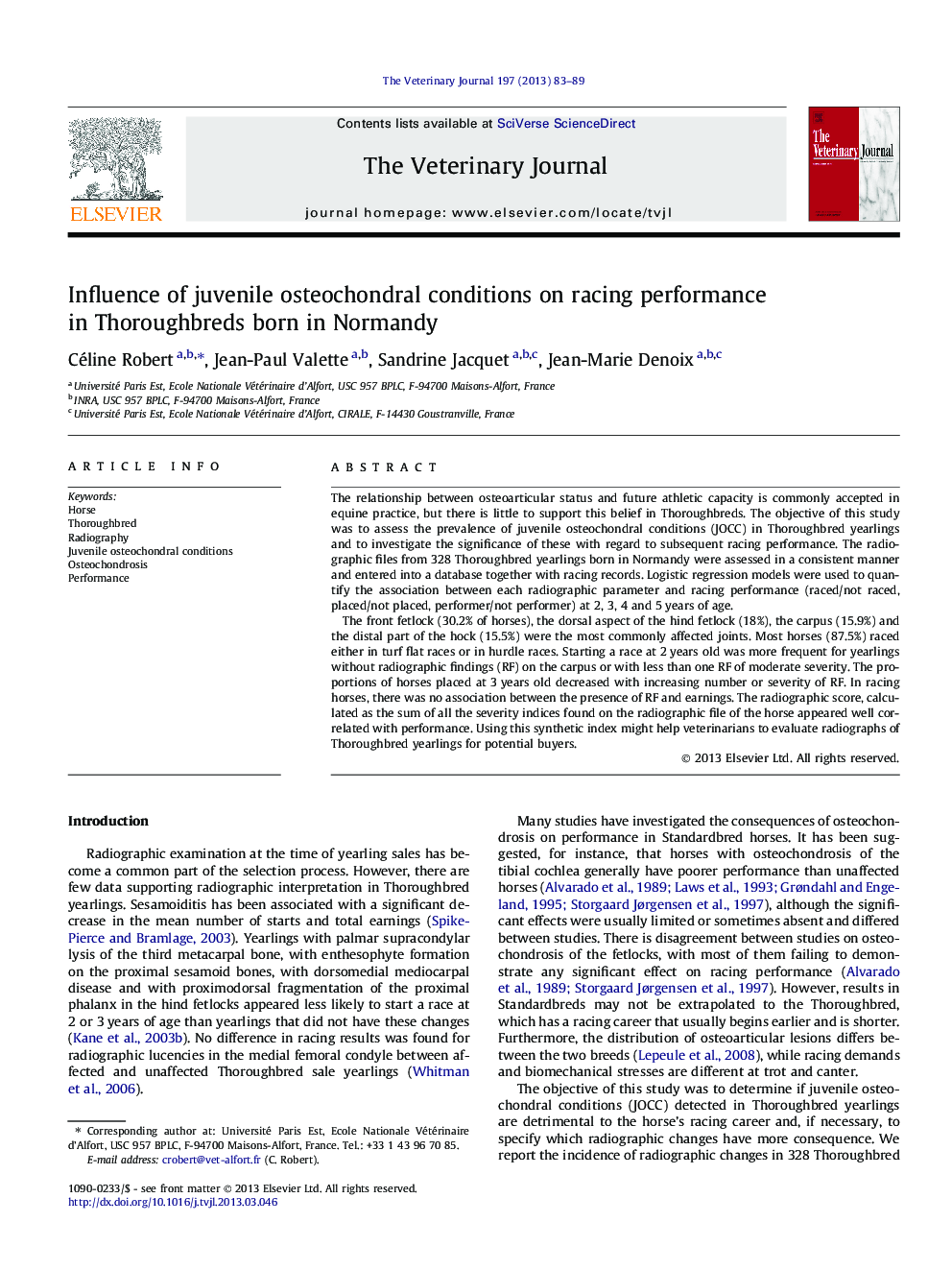 Influence of juvenile osteochondral conditions on racing performance in Thoroughbreds born in Normandy