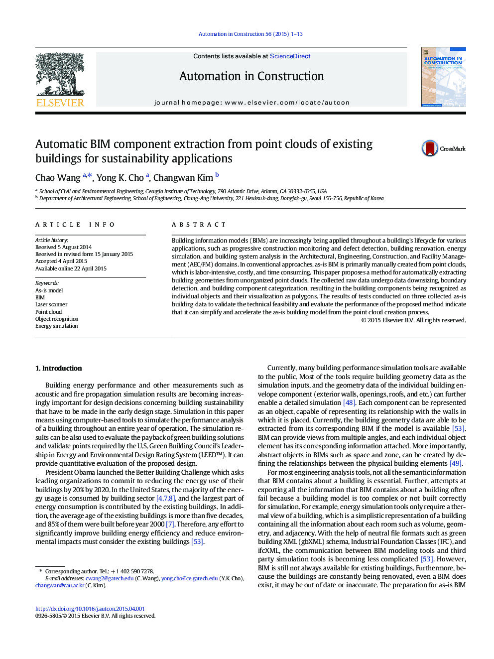 Automatic BIM component extraction from point clouds of existing buildings for sustainability applications