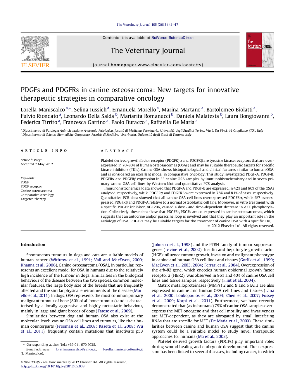 PDGFs and PDGFRs in canine osteosarcoma: New targets for innovative therapeutic strategies in comparative oncology