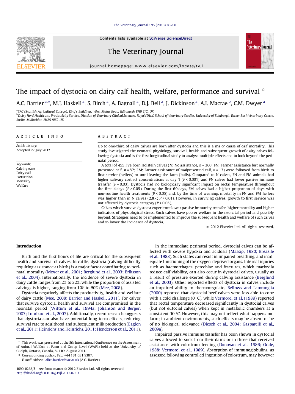 The impact of dystocia on dairy calf health, welfare, performance and survival 