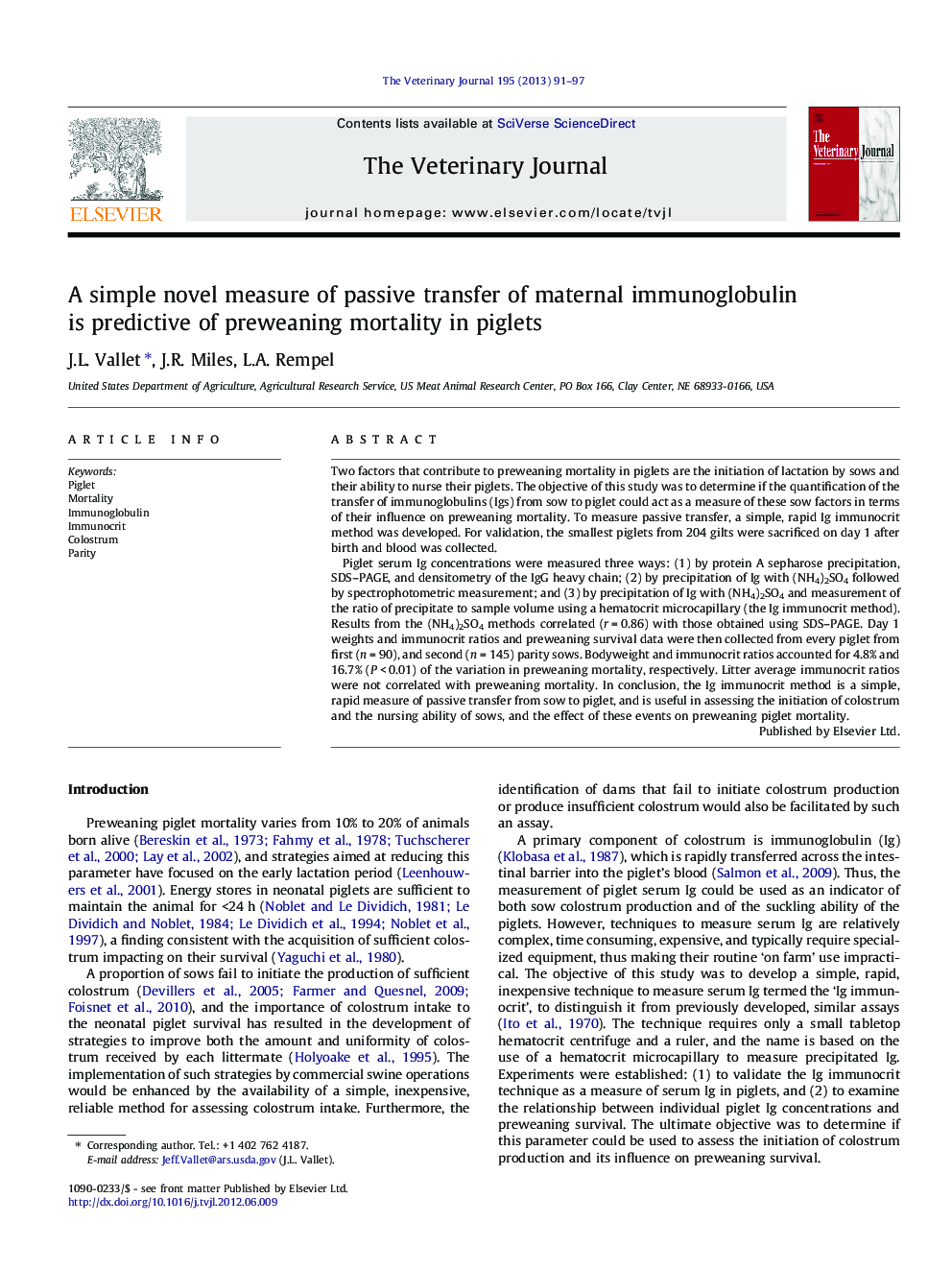 A simple novel measure of passive transfer of maternal immunoglobulin is predictive of preweaning mortality in piglets