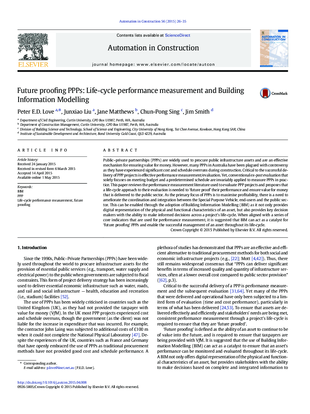 Future proofing PPPs: Life-cycle performance measurement and Building Information Modelling