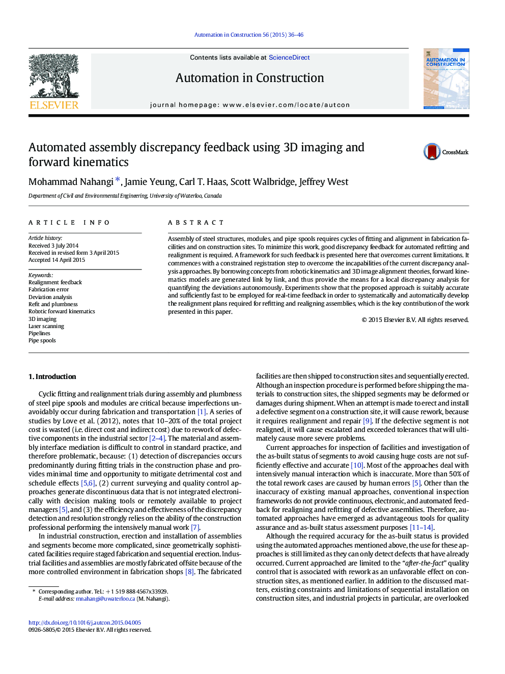 Automated assembly discrepancy feedback using 3D imaging and forward kinematics