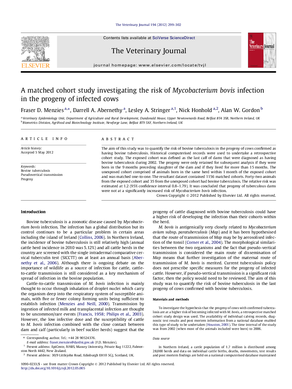 A matched cohort study investigating the risk of Mycobacterium bovis infection in the progeny of infected cows