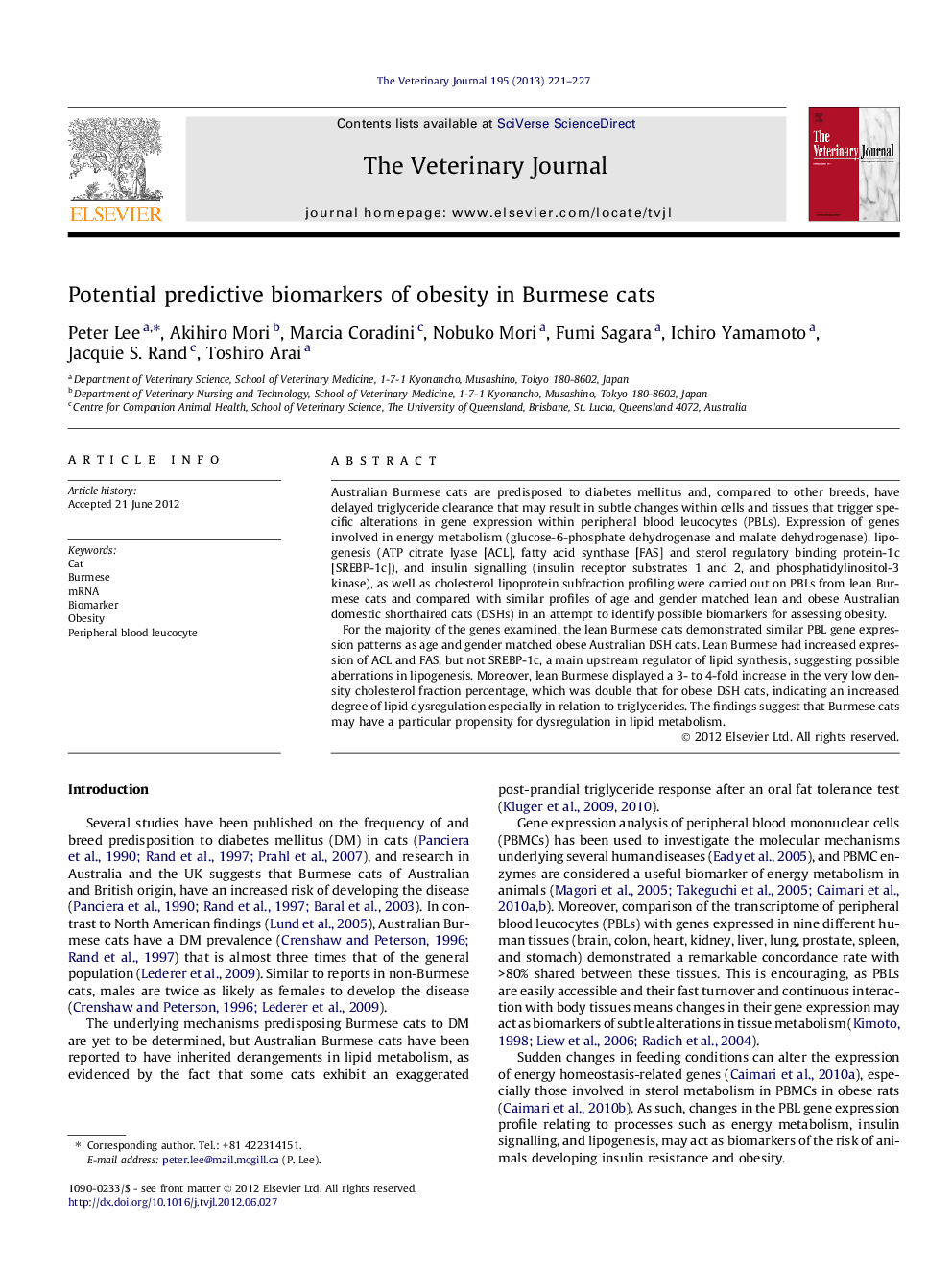 Potential predictive biomarkers of obesity in Burmese cats