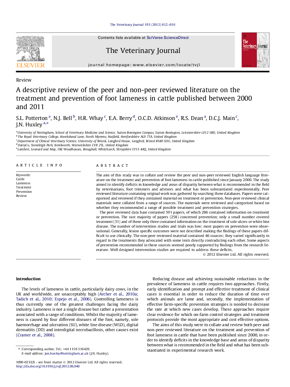 عکس صفحه اول مقاله: A descriptive review of the peer and non-peer reviewed literature on the treatment and prevention of foot lameness in cattle published between 2000 and 2011 A descriptive review of the peer and non-peer reviewed literature on the treatment and prevention of foot lameness in cattle published between 2000 and 2011