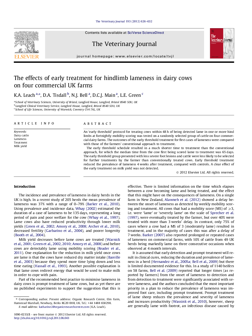 عکس صفحه اول مقاله: The effects of early treatment for hindlimb lameness in dairy cows on four commercial UK farms The effects of early treatment for hindlimb lameness in dairy cows on four commercial UK farms