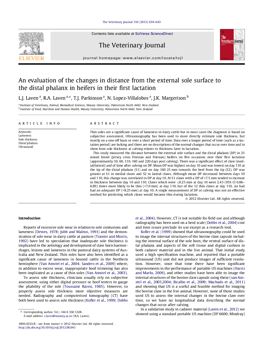 عکس صفحه اول مقاله: An evaluation of the changes in distance from the external sole surface to the distal phalanx in heifers in their first lactation An evaluation of the changes in distance from the external sole surface to the distal phalanx in heifers in their first lactation