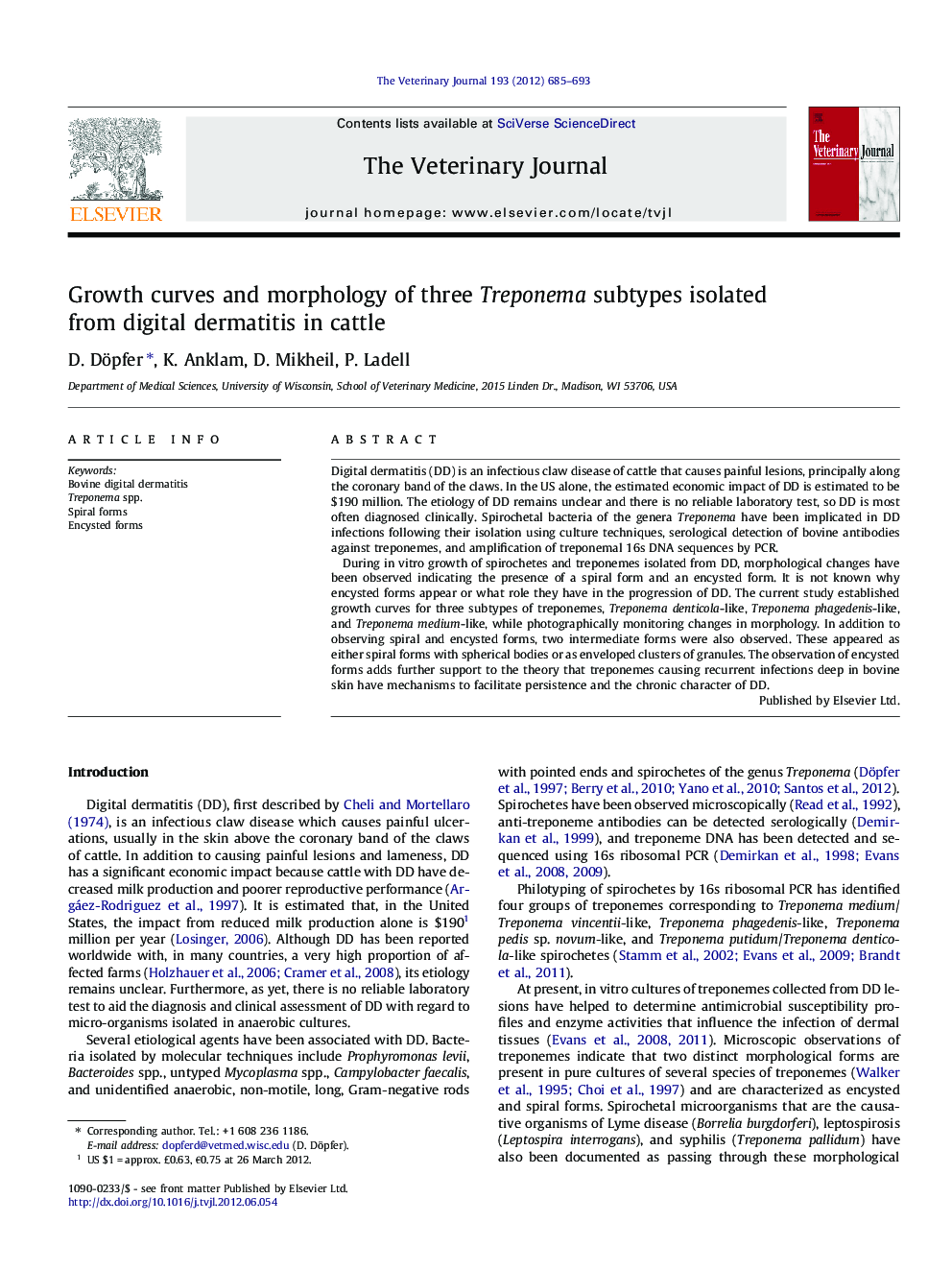 Growth curves and morphology of three Treponema subtypes isolated from digital dermatitis in cattle