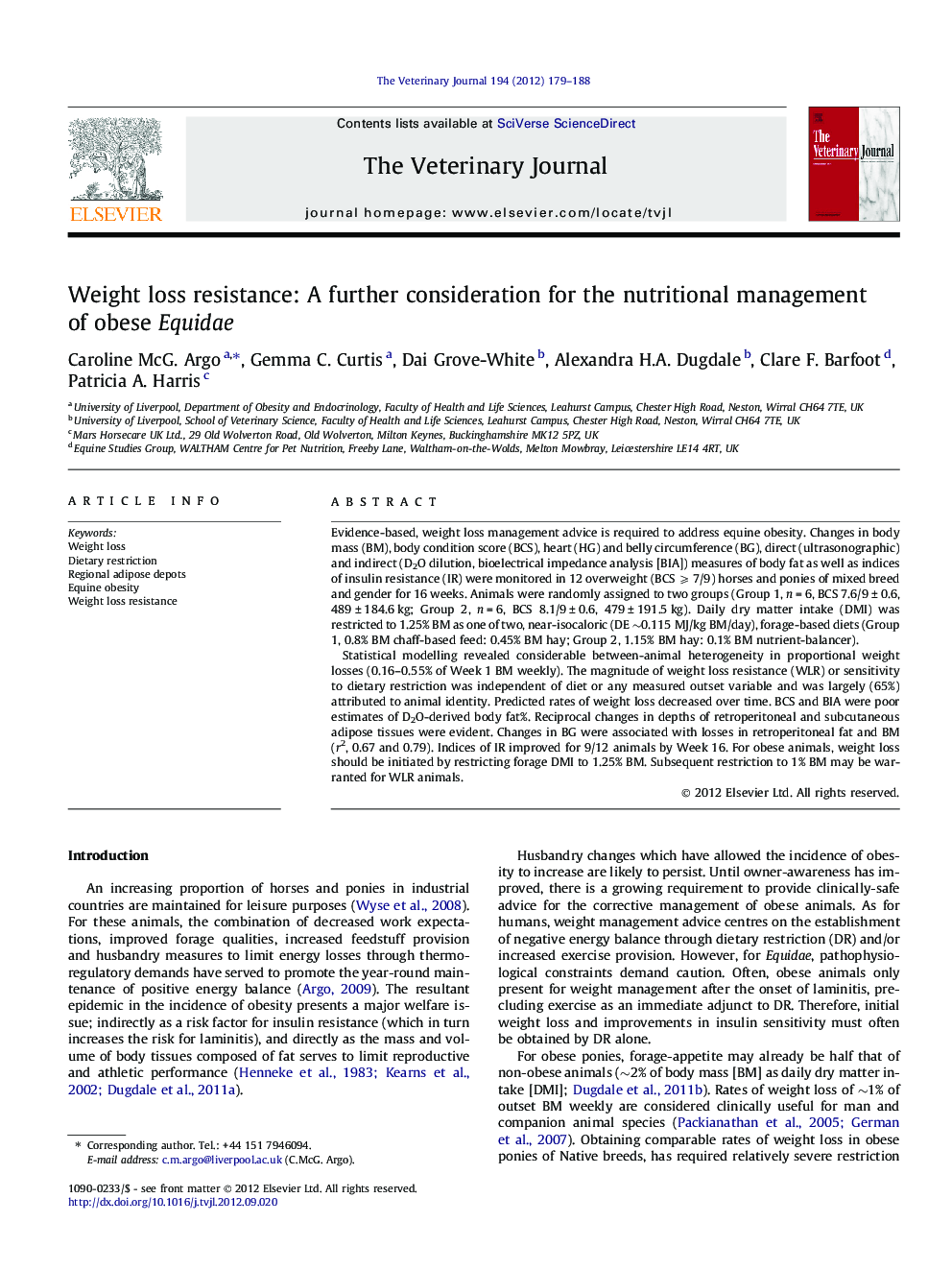 Weight loss resistance: A further consideration for the nutritional management of obese Equidae