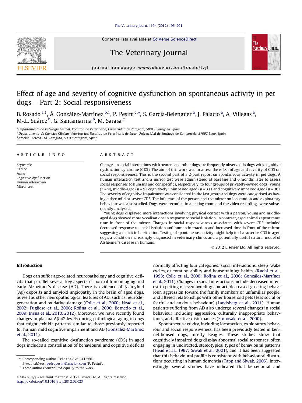 Effect of age and severity of cognitive dysfunction on spontaneous activity in pet dogs – Part 2: Social responsiveness