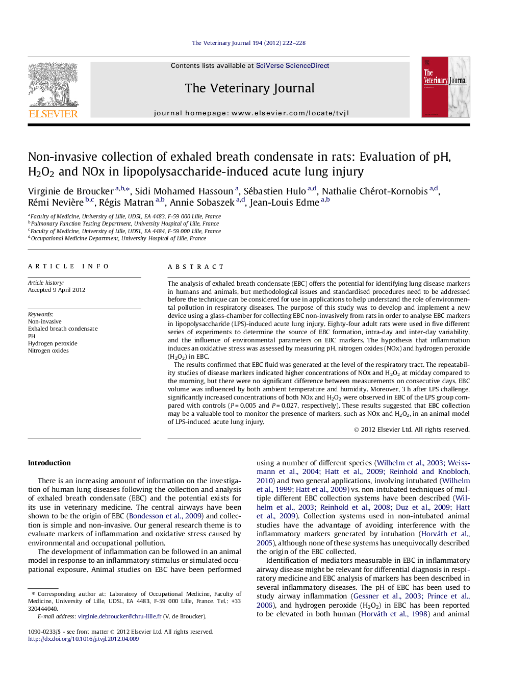 Non-invasive collection of exhaled breath condensate in rats: Evaluation of pH, H2O2 and NOx in lipopolysaccharide-induced acute lung injury