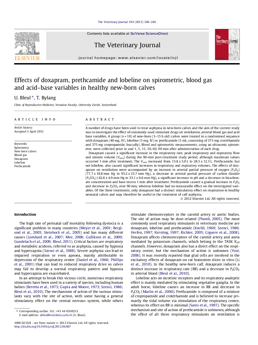 Effects of doxapram, prethcamide and lobeline on spirometric, blood gas and acid–base variables in healthy new-born calves