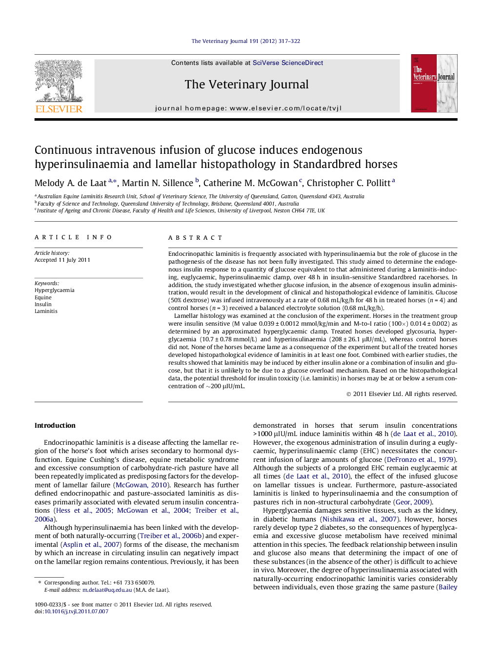 Continuous intravenous infusion of glucose induces endogenous hyperinsulinaemia and lamellar histopathology in Standardbred horses